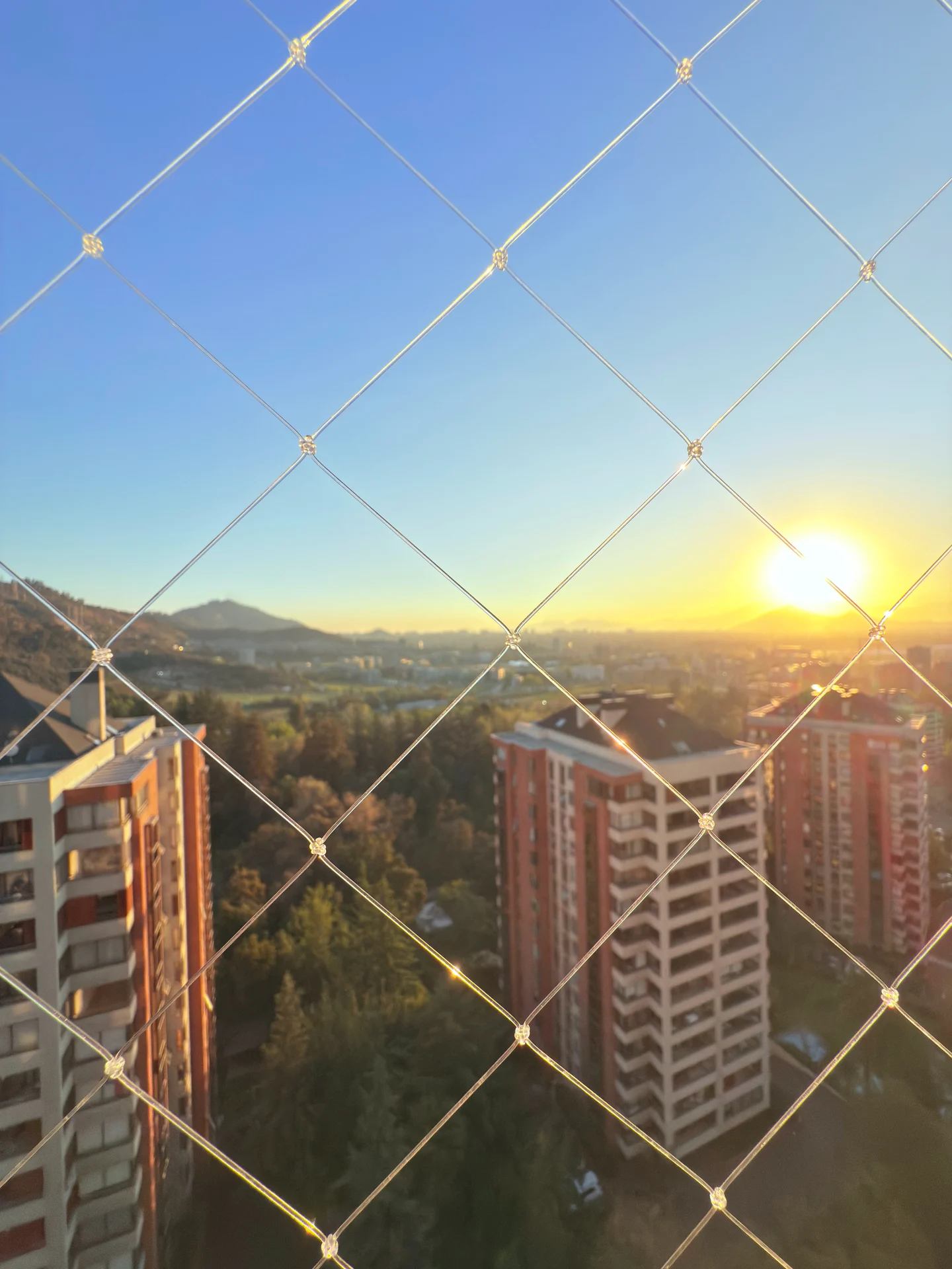 Detalle de la trama de una malla frente a la ciudad